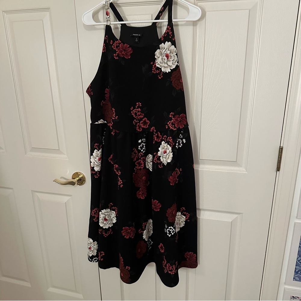 Lightly Worn Torrid Floral Black Dress with Red and White Accents